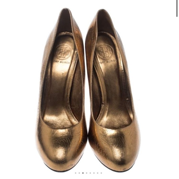 Tory Burch Bronze Crackle Leather Platform Pumps Heels Leather 4 1/4” 9 Jenna - Picture 2 of 6